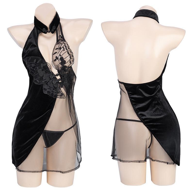 Sexy lingerie retro butterfly pattern hollow lace perspective hip wrap velvet pure passion cheongsam uniform