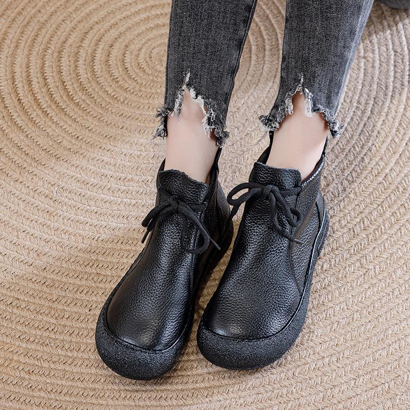 Fashion 2025 Winter Genuine Leather Boots Women's High Top Laced Up Flats Woman Warm Short Plush Boot Ladies Orthopedic Shoe Ankle Boots