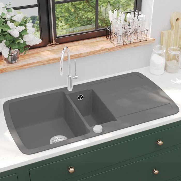 VidaXL Évier de Cuisine en Granit Double Bac Gris Décor de Cuisine Maison 142947