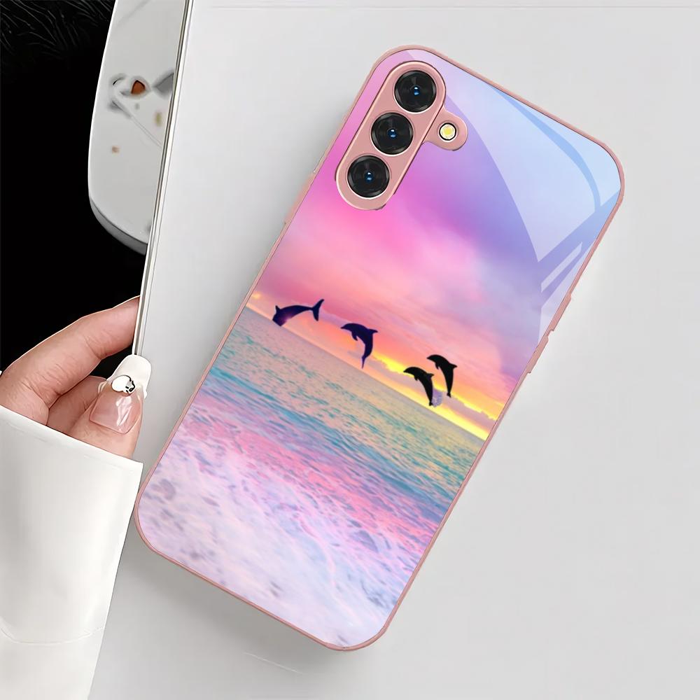 Beautiful Dolphin Metallic Glass Phone Case Suitable for Samsung GalaxyS26 S25 S24 S22 S21 S20FE/Ultra/Plus Anti Drop Rear Cover