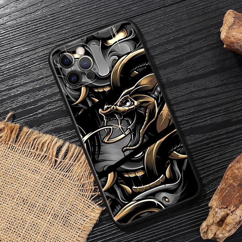 Japan Oni Samurai Yokai Mask Dragon Art Black Cover For Apple iPhone 15 13 14 12 11 Pro Max Mini XS 6 7 8 Plus Cases Soft Fundas