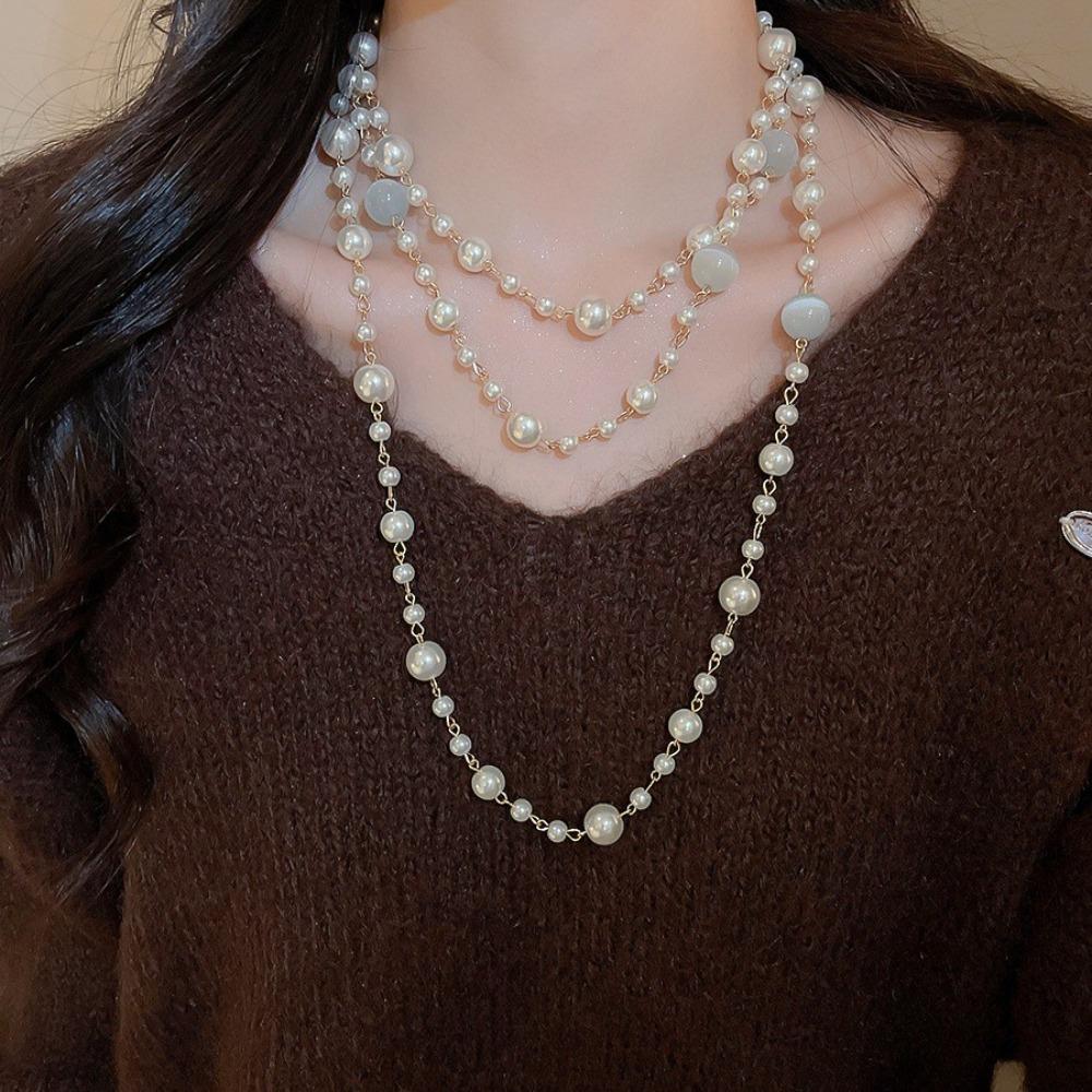 Layered Pearl Necklace Simulated Pearl Sweater Necklace Fashion Bead Necklace  Lady Wear