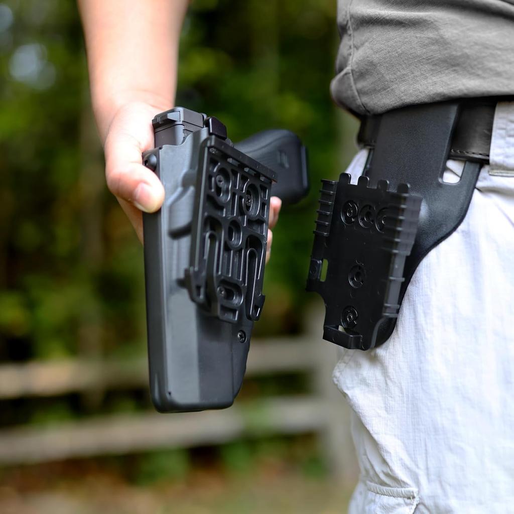 Taktisches QLS-Schnellverriegelungssystem-Kit mit mittiger Gürtelschlaufenplattform zur Befestigung an Dienstholstern mit Verriegelungsgabel-Empfängerplatte