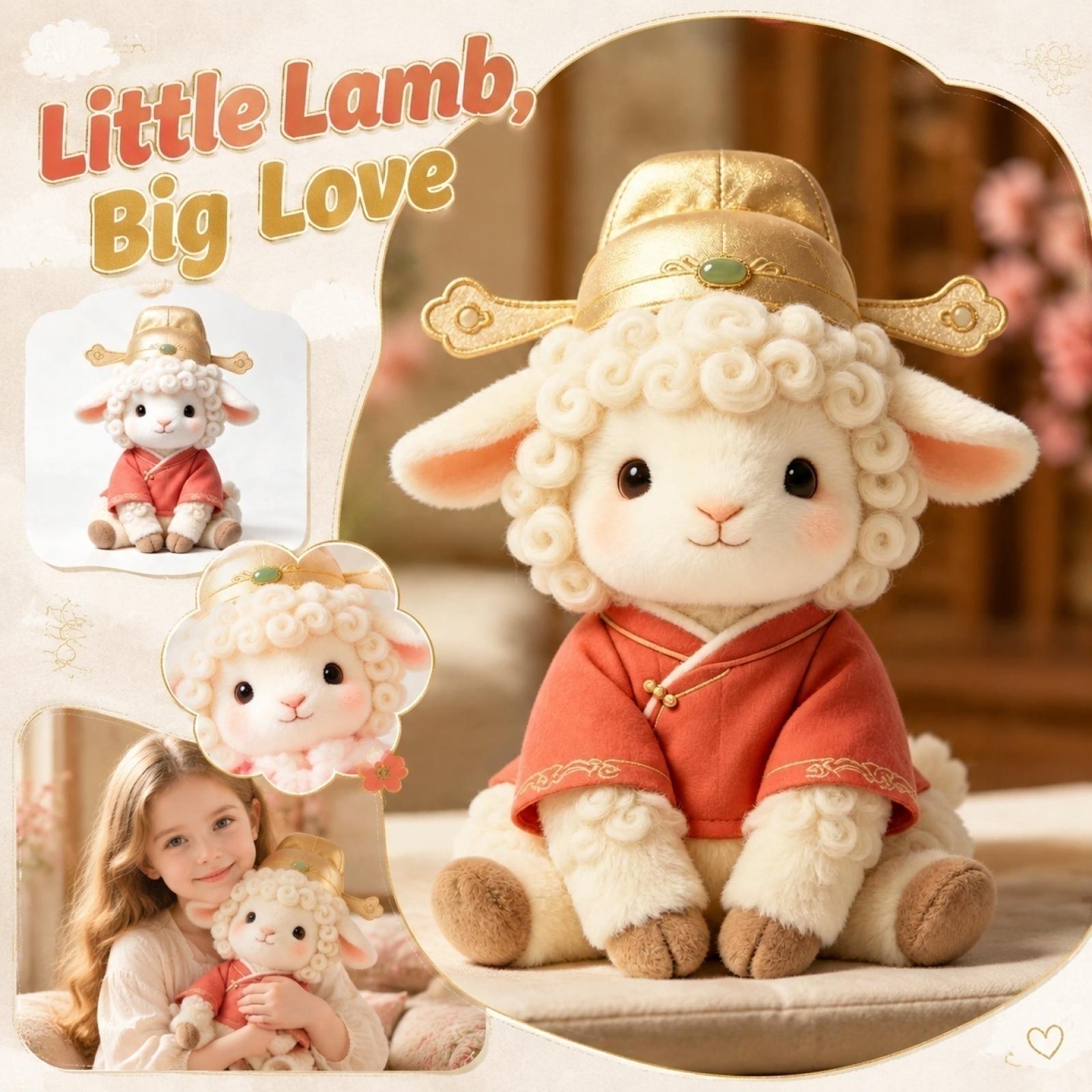

23cm Sitting Lamb Plush Toy Soft Stuffed Animal Doll with Curly Wool Texture and Traditional Style Clothing for Home Office Decoration One Size