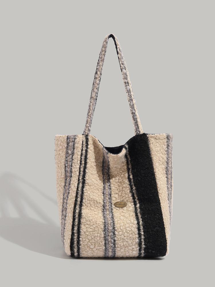 

2025 autumn and winter new Korean version ins wind plush tote bag vertical stripe hair bag large capacity double-sided shoulder bag