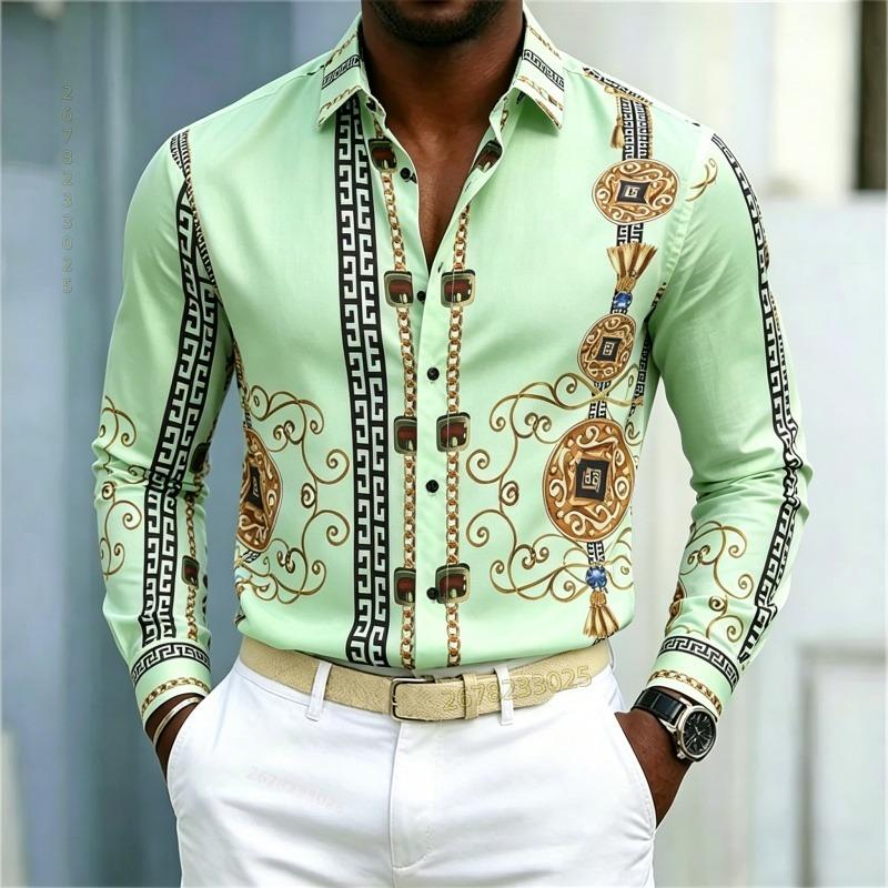 New Men's Shirt Palace Style Shirt Black Gold Pattern Printed Slimming Long Sleeve Shirt Trendy Fashion Casual Men's Wear