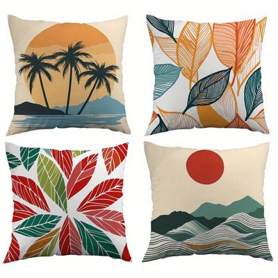 4 Pack Modern Tropical Sunset Palm Tree & Mountain Print Pillow Covers - Double-Sided Vibrant Polyester Decorative Covers With Z