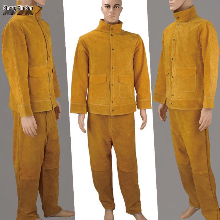 Cowhide Welding Suit: Yellow Anti-Scald, Wear-Resistant, Flame Retardant, Anti-Spatter Protective Gear