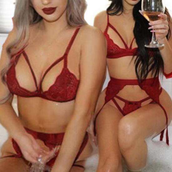 3Pcs/Set G-string Close-fitting Visual Experience Spandex See-through Bra Three-piece Suit Lace Open Crotch Thongs