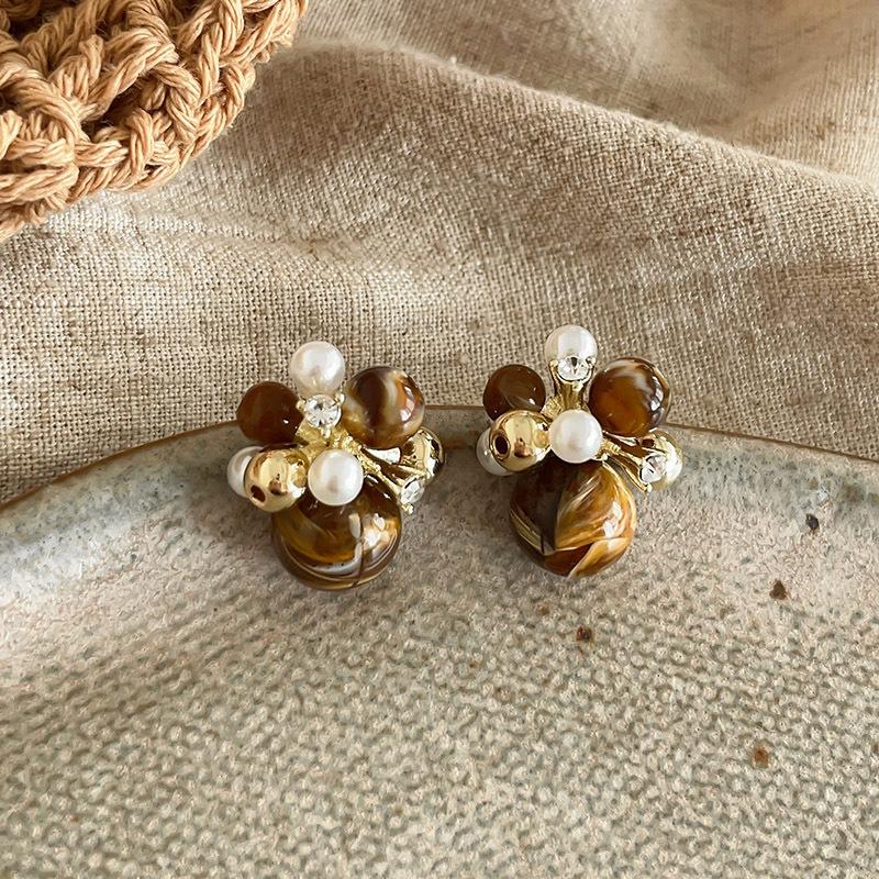 Maillard Coffee Color Amber Earrings Women's Autumn and Winter High-end Commuter Style Earrings Light Luxury Niche Design Earrings