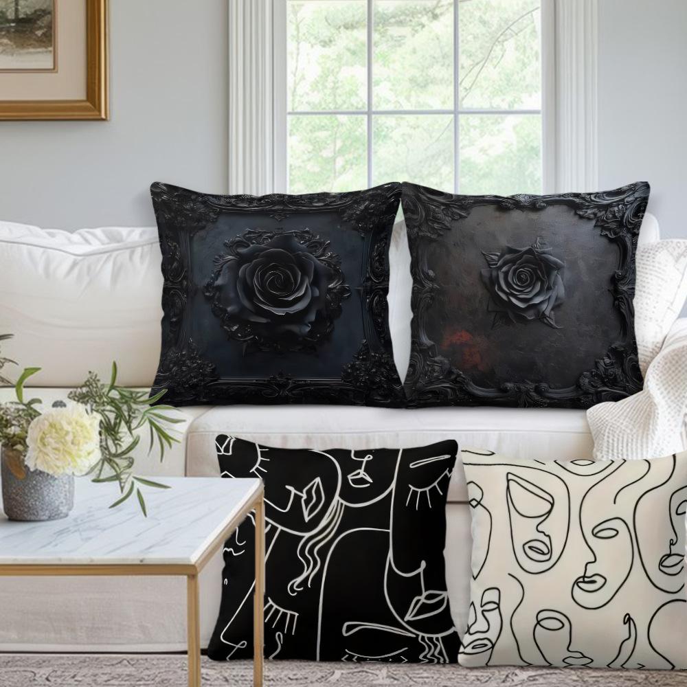 Home Black and White Rose Print Linen Pillow Cover Halloween Sofa Living Room Decoration Cushion Cushion