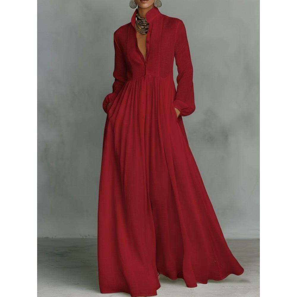 Women's Stand Collar Long Sleeve Solid Color High Waist Pleated A-Line Maxi Dress With Pockets