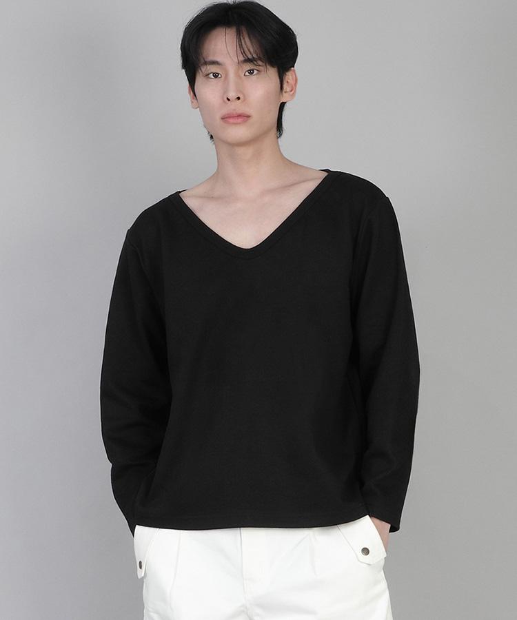Seinteukeulu Plain Big V-Neck Long Sleeve Tee Bigv-879 Black