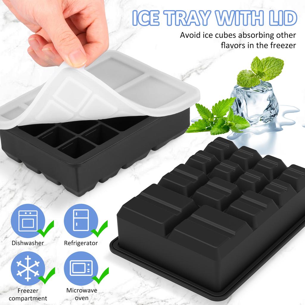 2Pcs Silicone Ice Cube Tray with Lid Reusable Multi Size 13 Grid Square Ice Cube Mold for Freezer Whiskey Cocktail Ice Cube Tool