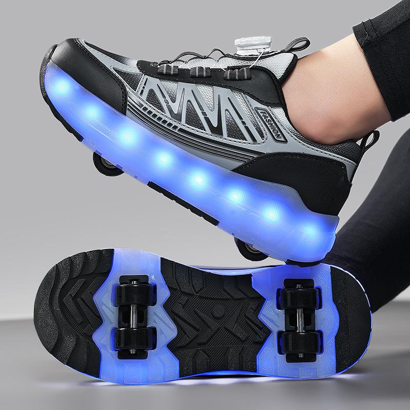 Black Technology Middle School Child Runaway Shoes Roller Skating Boy Classmate Double Wheel Burst Shoes Student Skates Girls Four Wheels with Lights