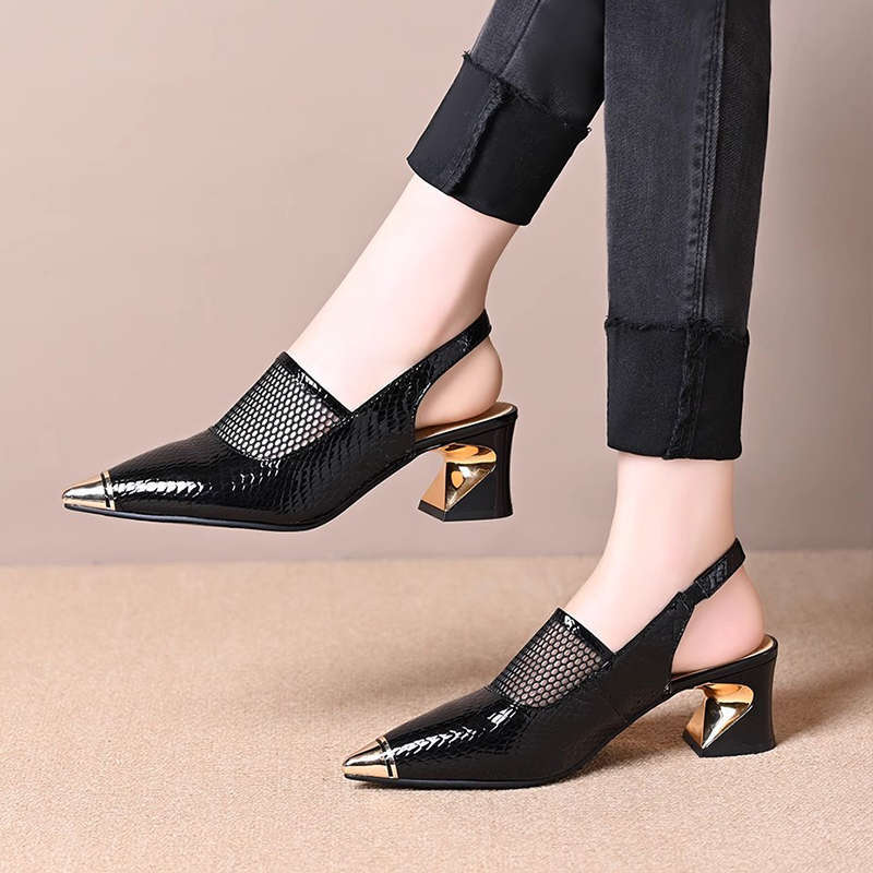 Pointed Back Empty Bag Head Sandals Women's Summer New Temperament Thick Heel Single Shoes Hollow Mesh High Heels