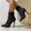 New Black Mature Mesh Women Boots High Heel Pumps Floral Lace-Up Thin High Heels Ankle Pointed Toed Party Wedding Shoes