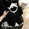 Women's Black Short Sleeve T-Shirt, Lace Trim Fake Two-Piece Slim Fit Top With Buttons Detail