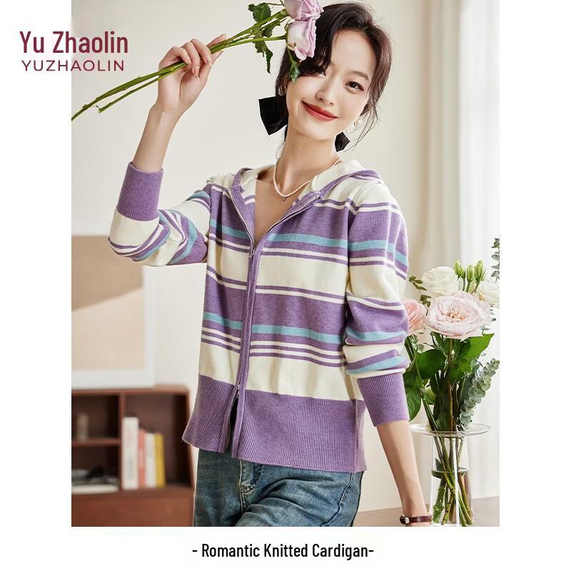 

Женский вязаный кардиган-куртка в полоску с капюшоном Yuzhaolin M