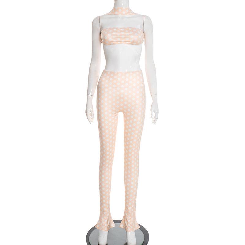 

2026 European & American Women s Sexy Halter Polka Dot Backless Tank Top & Tight Long Pants Set Small