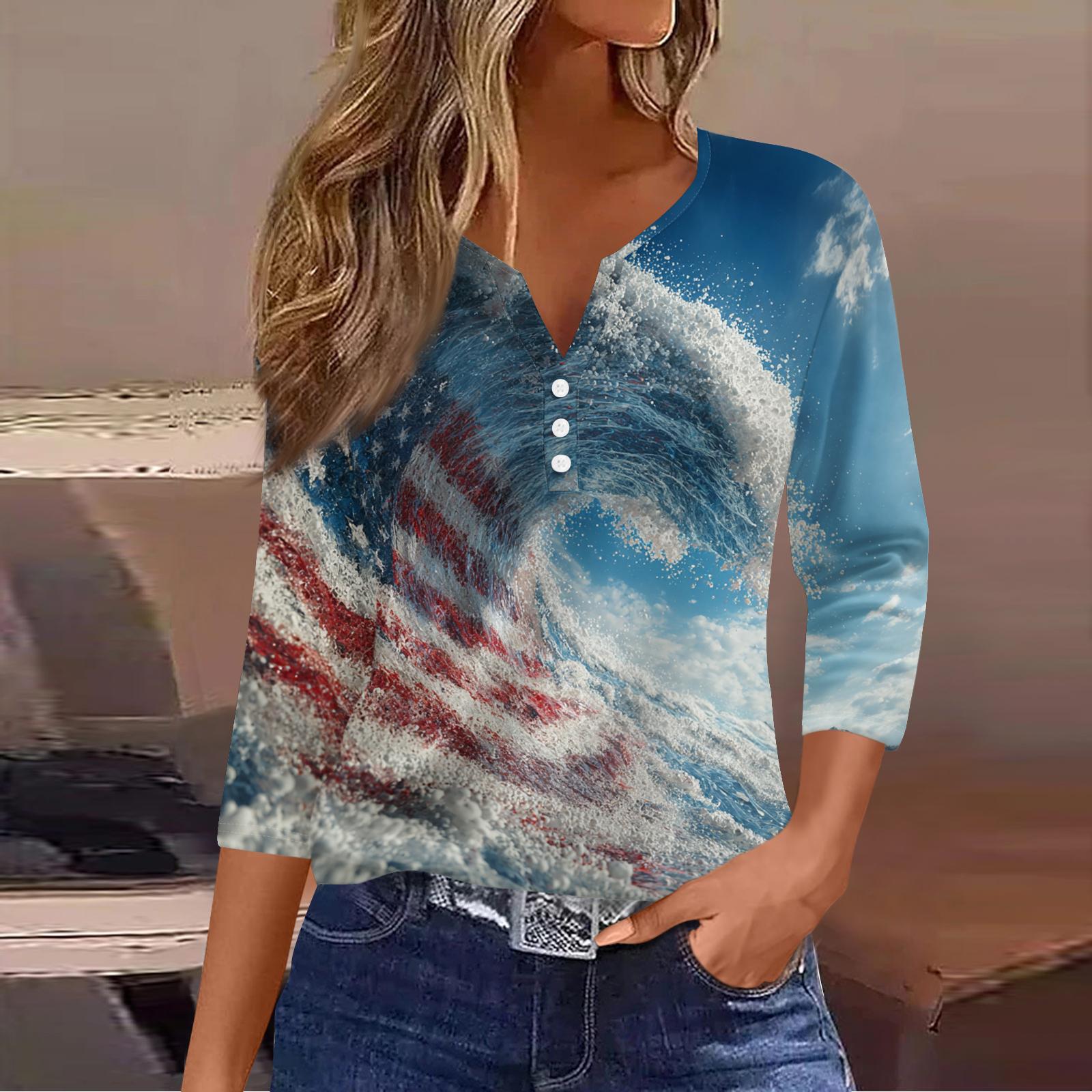 

Женская модная повседневная рабочая рубашка с принтом американского флага и звезд к Дню независимости, с V-образным вырезом, короткими рукавами, разрезами по бокам и карманами L темно-синий