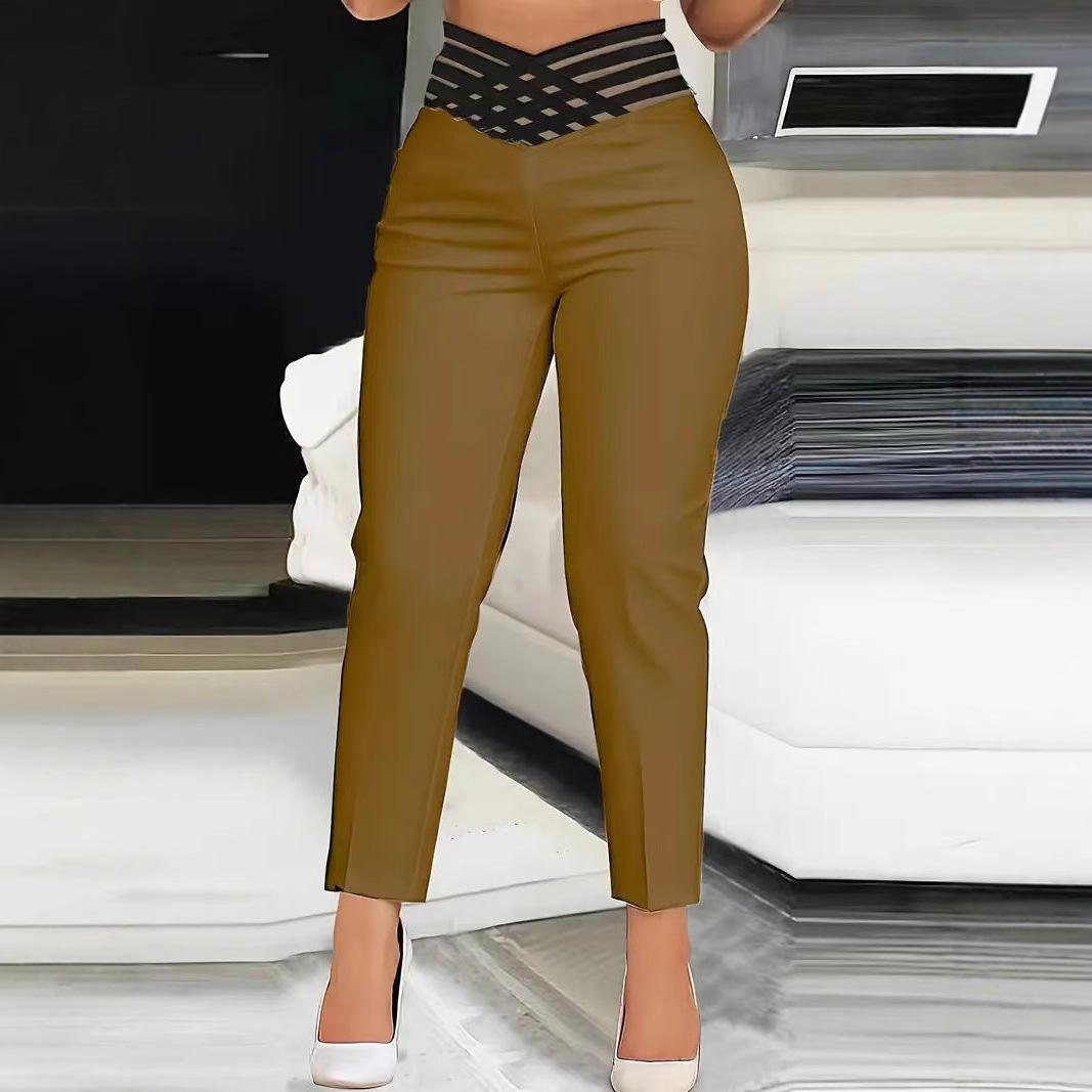 

2026 Women s High Waist Pencil Pants with Hollow-Out Belt, Slimming Cropped Office Pants, Solid Color Work & Casual Trousers XL коричневий