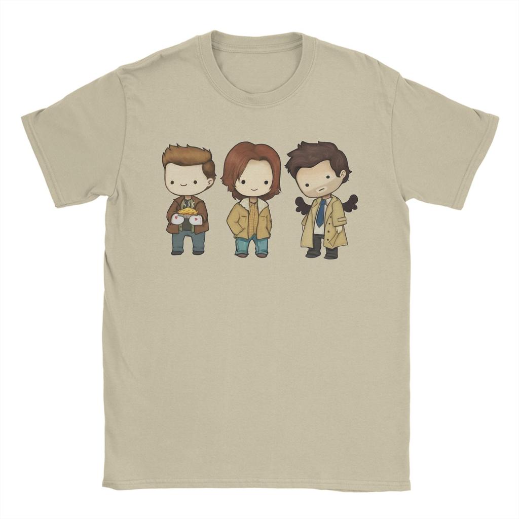 Humor Sam Dean Castiel Supernatural Chibi TShirt Men Round Neck Pure Cotton T Shirts TV Shows Short Sleeve Tees Gift Tops