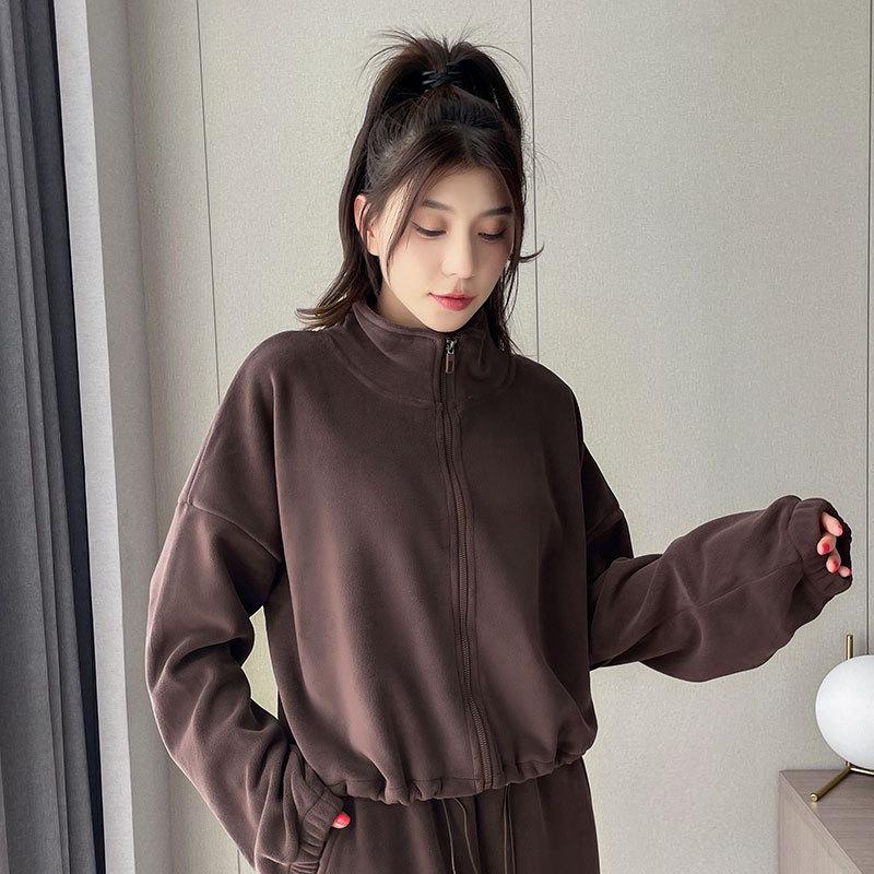 Women's 2024 Double-Sided Fleece Tracksuit: Cozy Yoga Jacket & Casual Warm Pants for Autumn/Winter Fitness.
