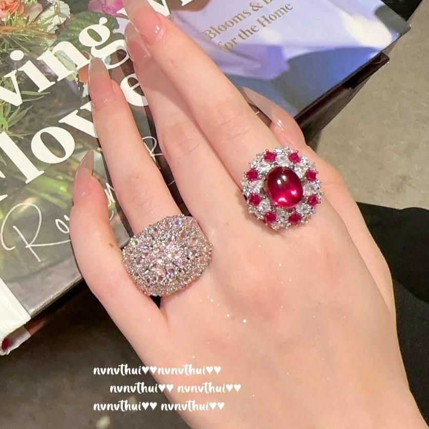 Papalacha Bouquet Gemstone Earrings, Duobao Thistle, 18K Gold Plated, Rouge Magenta Flower Zircon Ring