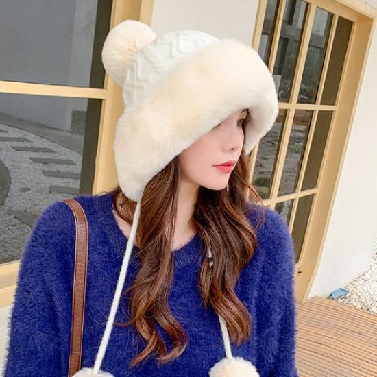 Lady Faux Fur Knit Bobble Beanie Hat Warm Pom Pom Ball Cossack Russian Ski Hat