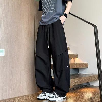 Solid Color Pleated Casual Pants Men's Tooling Loose Versatile and Thin Straight Wide-leg Sports Casual Elastic Waist Trousers