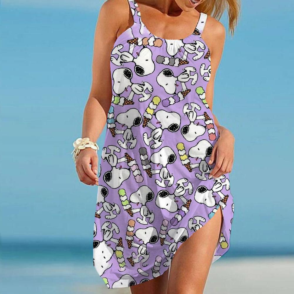 Damen Strandkleider Kawaii Snoopy S-3XL Sommer Anime Y2k 2024 Elegant Schickes Kleid Träger Freizeit Sanrio Boho Mode Sexy Kleidung XL