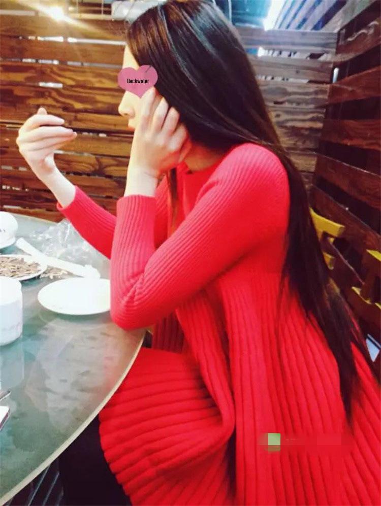 

Дондэмун Осенне-зимний стиль Женское вязаное платье-свитер с плиссированной А-силуэтной юбкой-солнце и кукольным пуловером One Size красный