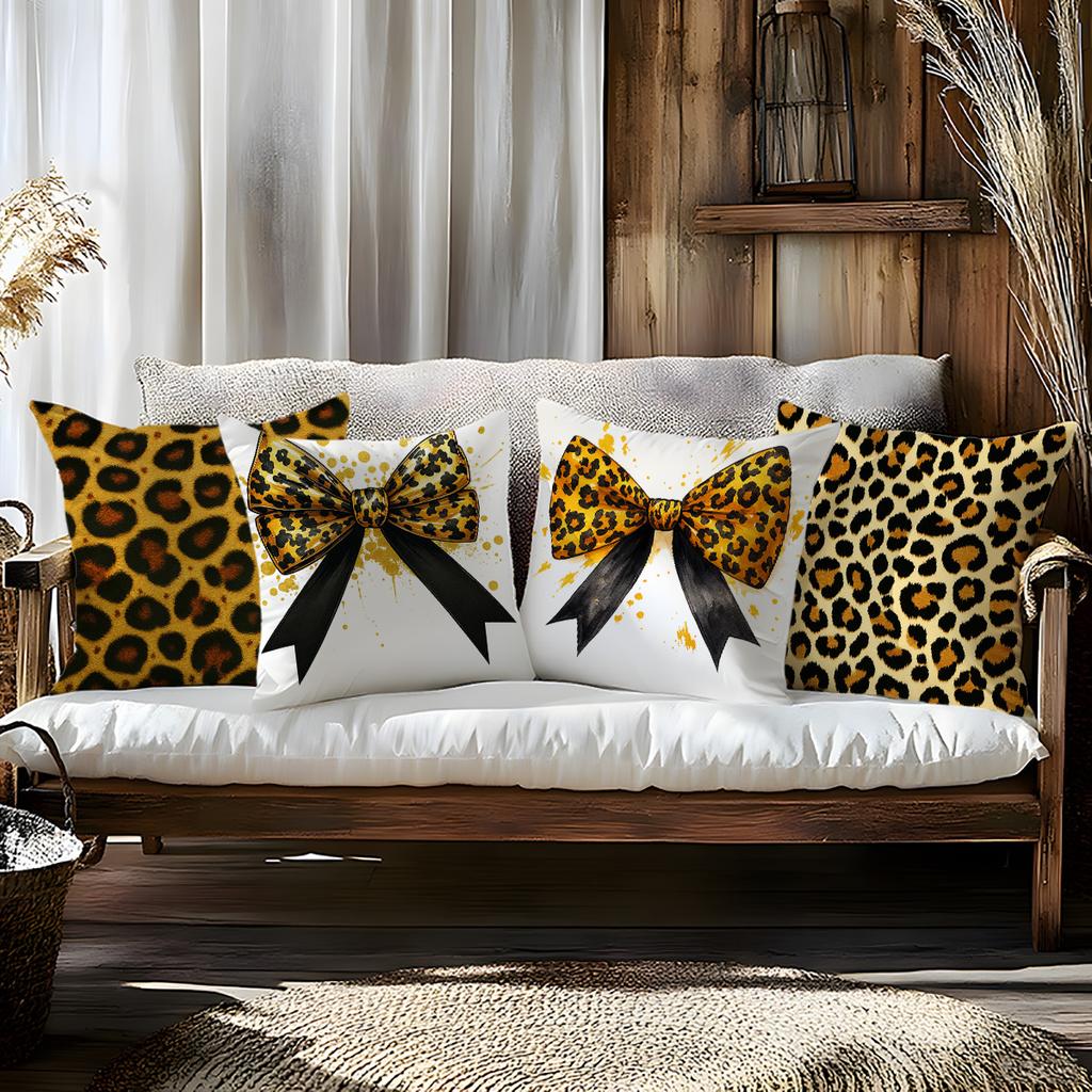 Federe per Cuscino Decorativo con Stampa Leopardo e Fiocco, Federe per Cuscini con Stampa Leopardo Oro e Fiocco Nero, Tendenza Animalier Arredamento Casa Soggiorno
