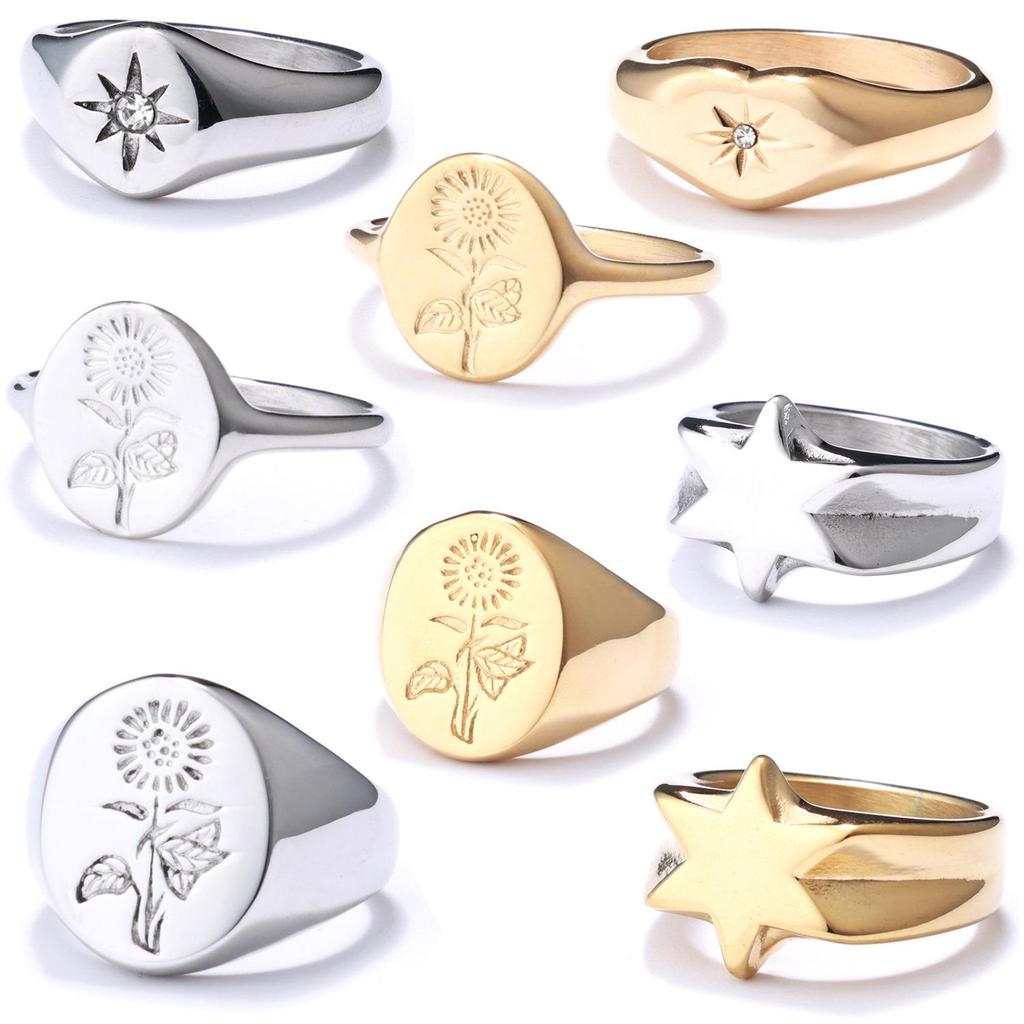 European Polished Stainless Steel Sunflower Unisex Ring