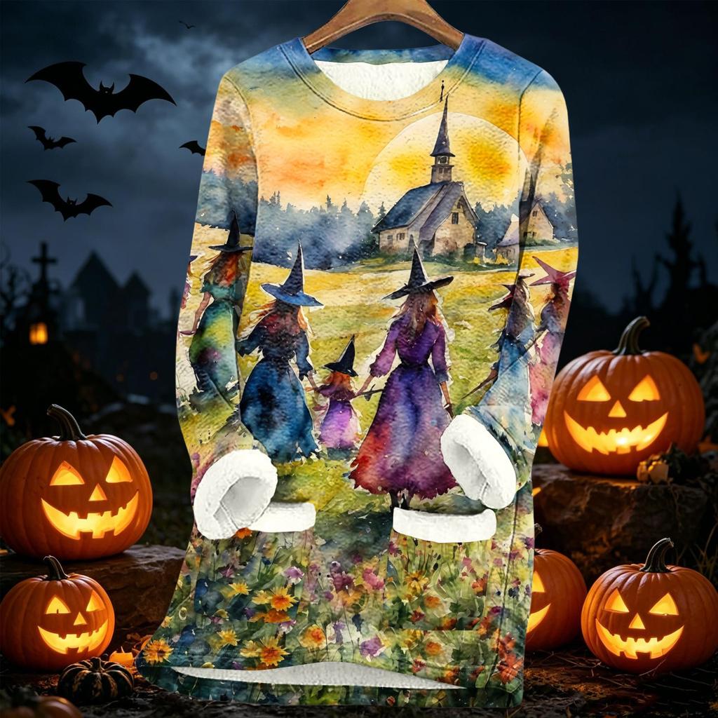 Women's Halloween Print -Lined Long Jacket for Fall and Winter Warmth