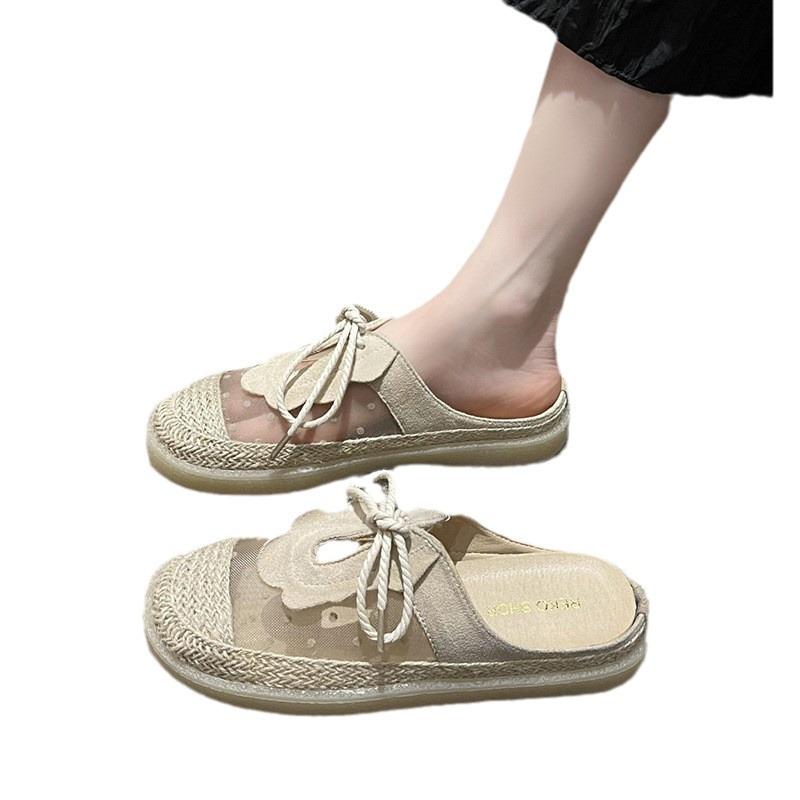 Mesh Bag Head Slippers Women's Summer Wear New Flat-bottomed Sandals Versatile Straw Woven Fisherman Shoes Half Drag