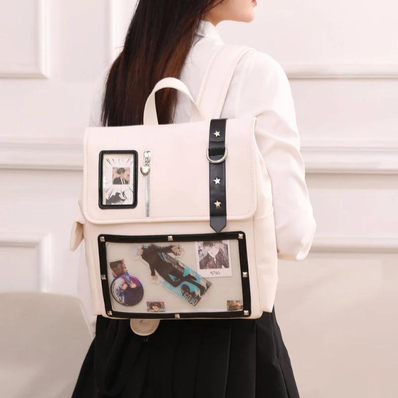 Japanese Y2K Kawaii Transparent Itabag Backpack Large Capacity PU Leather School Bag for Women Girls JK Fashion Daily Use