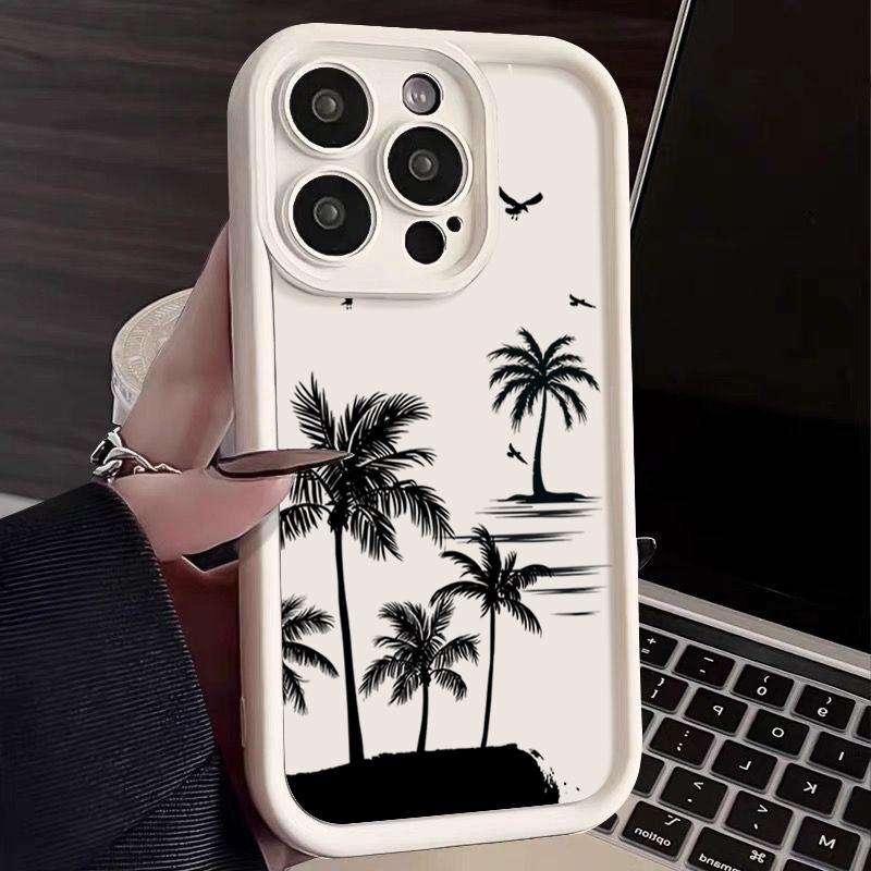 Coconut Tree Pattern Matte Phone Case For iPhone 16 Pro Max 15 Pro 14 13 12 11 Lens Protection Shockproof Soft TPU Bumper Cover