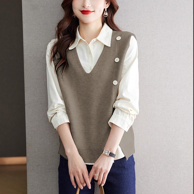 Strickweste Weste Herbstanzug Damen Neues Design V-Ausschnitt Knopf Locker Innen Pferdeclip Top