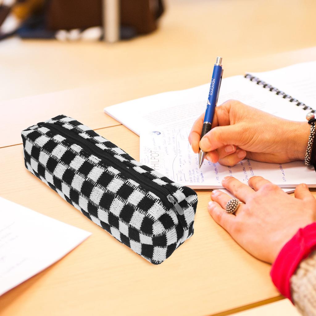  Checkerboard Pencil Case Handheld Bag Large Capacity Organizer Coffee Holder Pouch Polyester Color