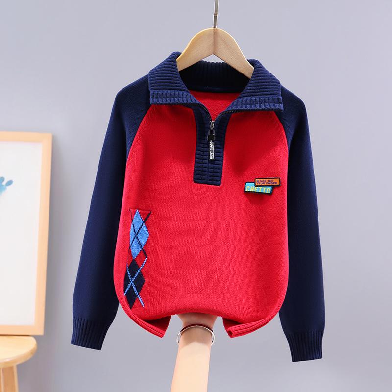 Boys' Cotton Half-Zip Fleece-Lined Knitted Pullover Sweater
