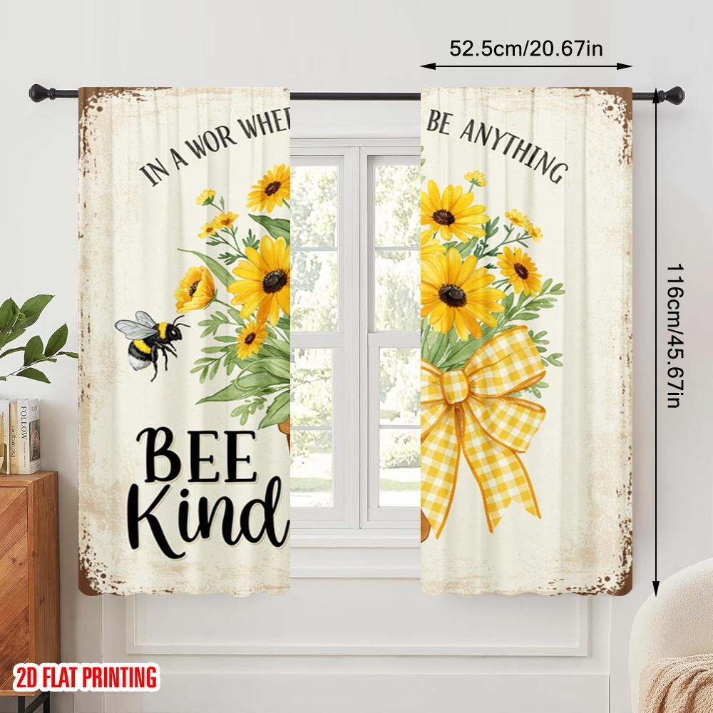 2pcs 2D flat printing Curtain Floral Bee Kind Pot Polyester Without Electricity Festive Holiday Perfect for Holiday Celebrations