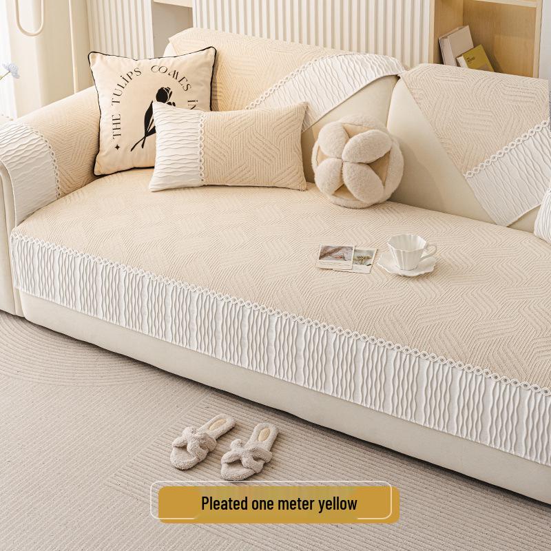 Four Seasons Chenille Luxury Sofa Cushion & Non-Slip Cover Set, Cream.