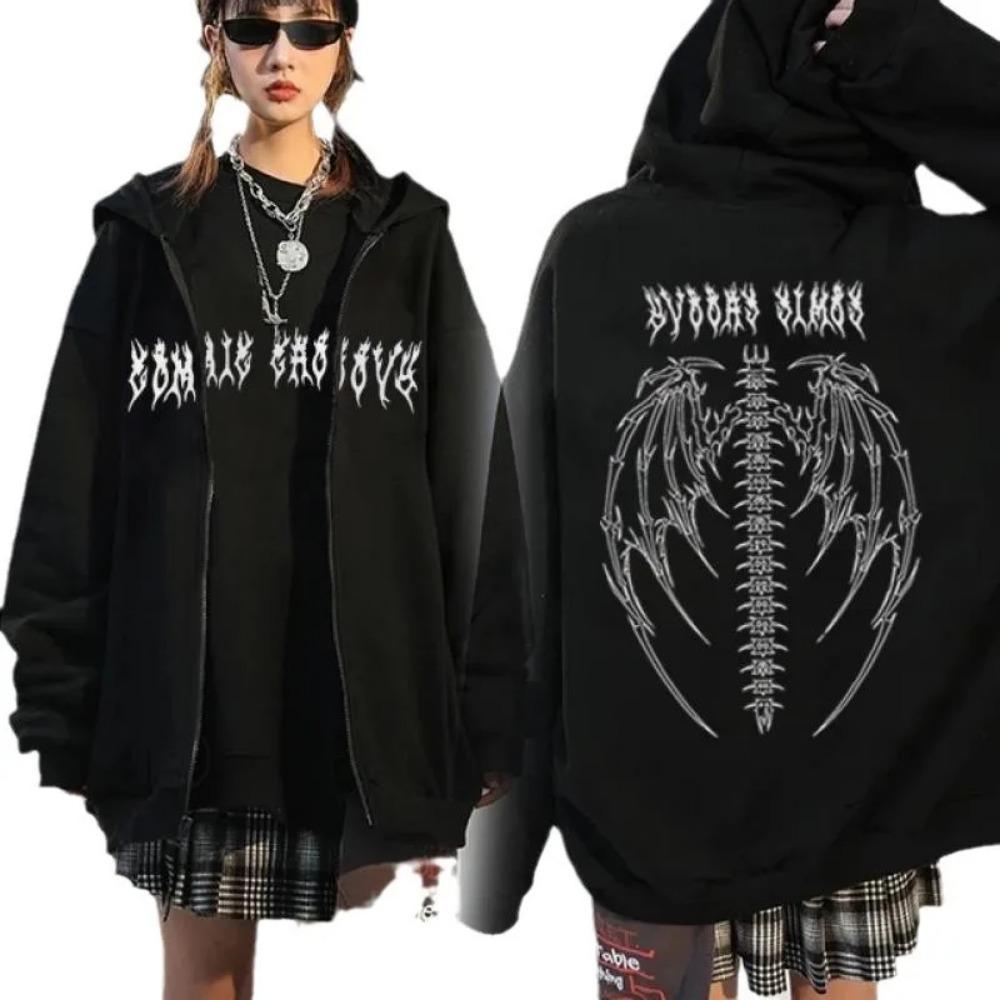 

Арамидное худи в готическом стиле с молнией-бабочкой, спортивное худи с длинным рукавом, из полиэфирного волокна, женская мода, повседневная уличная одежда L