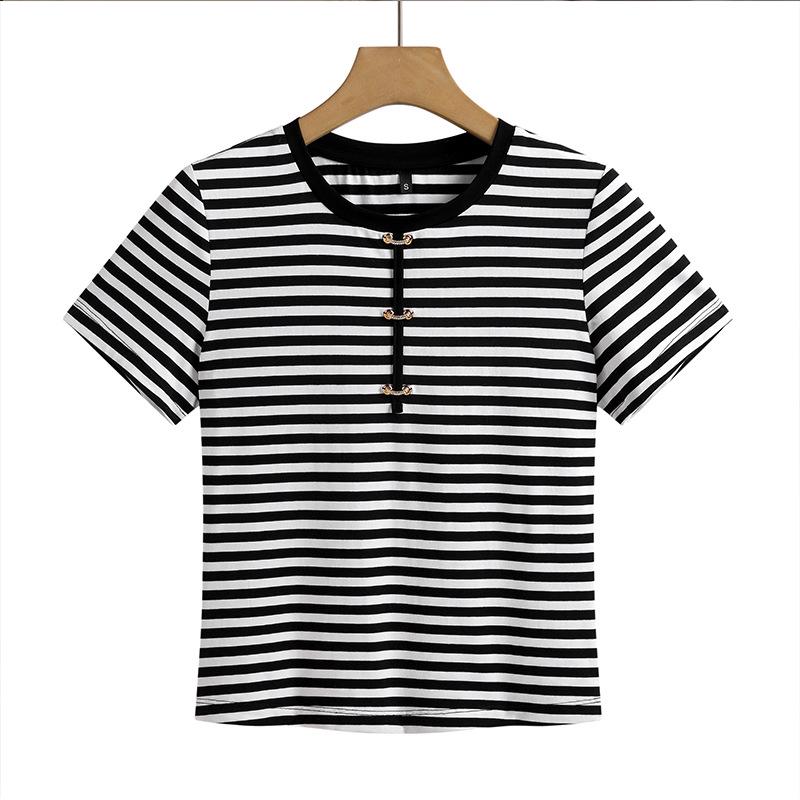 Modal Cotton Women's Striped Short-Sleeve Summer T-shirt 2025 Mom's Casual Elastic Blouse