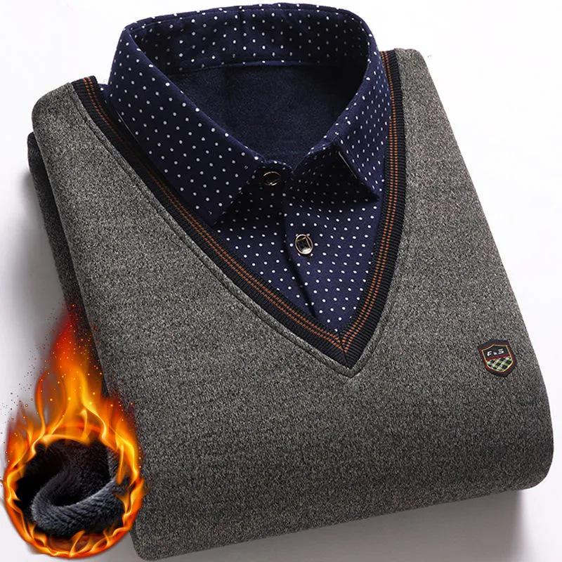 Men's Fleece-Lined Two-Piece Shirt Collar Sweater for Middle-Aged & Elderly