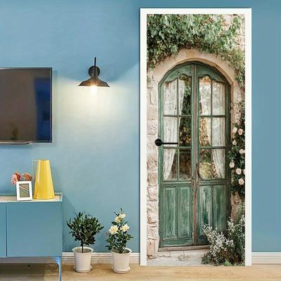 Rustic Green Wallpaper Self Adhesive Door Mural Removable Vinyl Home Decor Art Decal Wooden Scenery Wall Poster Stickers Porte Deursticker