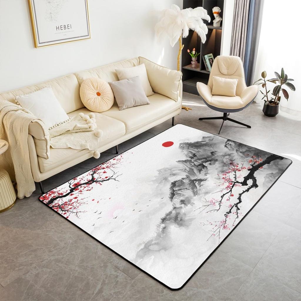 Japanese Ukiyo-e Great Wave Crane & Cherry Blossom Print Area Rug, Non-Slip Floor Mat for Living Room Bedroom Home Decor Carpet