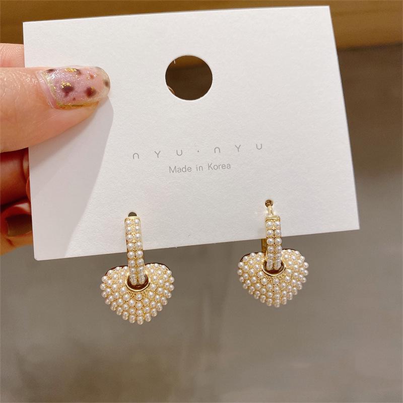 Silver Needle Pearl Heart Earrings - 2025 Korean Trend, Minimalist Flower Dangle Studs for Women's Elegant Style